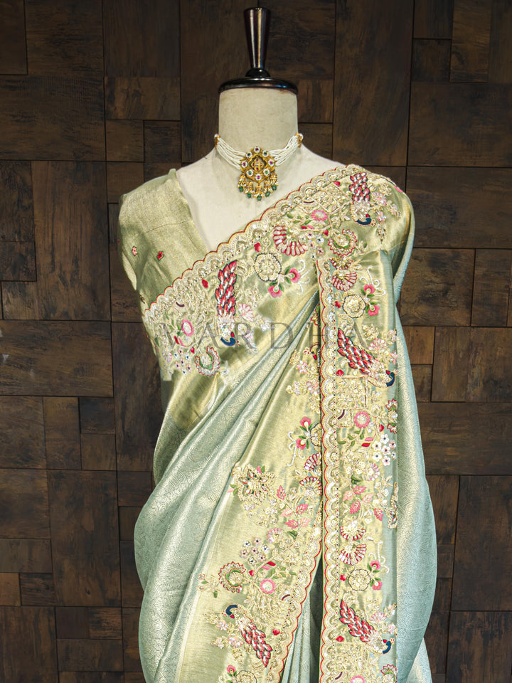 Firozi Saree Kanjivaram Tissue Silk Saree with Zari Weaving &amp; Hand Work