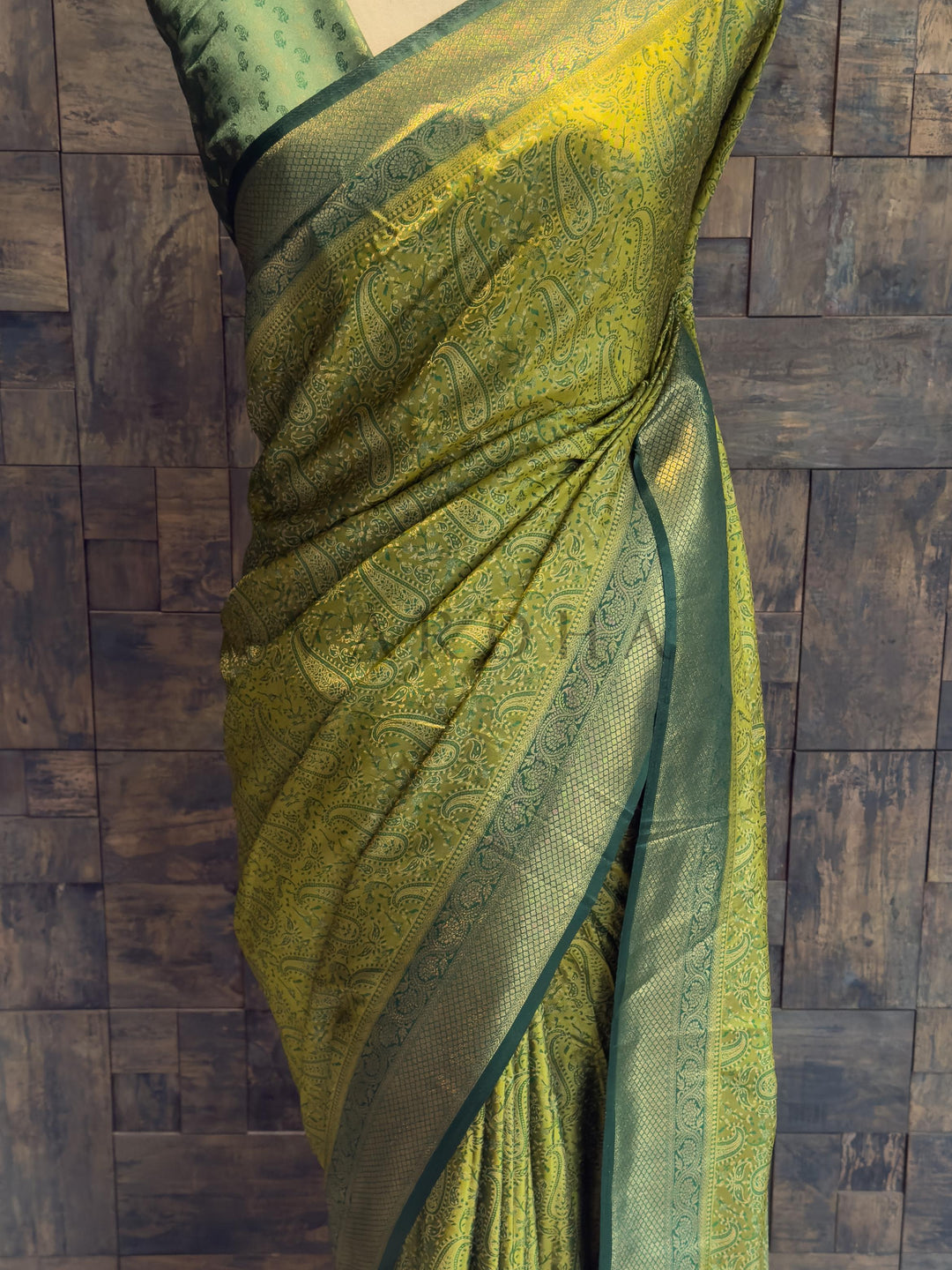 Lime Green Tanchoi Satin Silk Saree with Zari Work