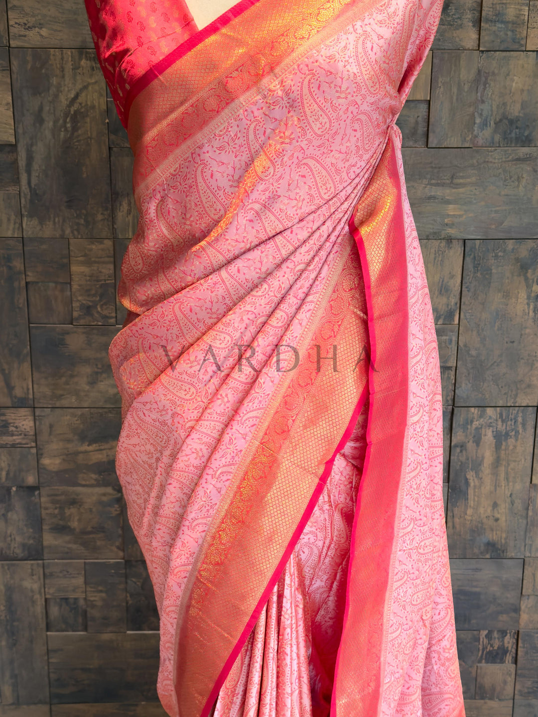 Peach-Pink Tanchoi Satin Silk Saree with Zari Work