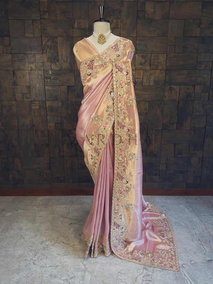 Pink Kanjivaram Tissue Silk Saree with Zari Weaving &amp; Hand Work