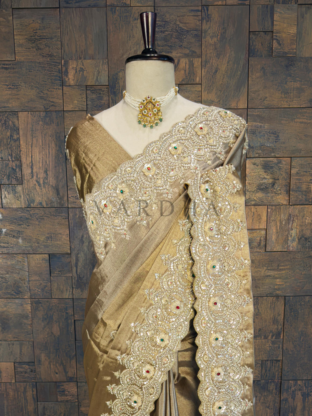 Gold Kanjivaram Tissue Silk Saree with Zari Weaving &amp; Hand Zardozi Work