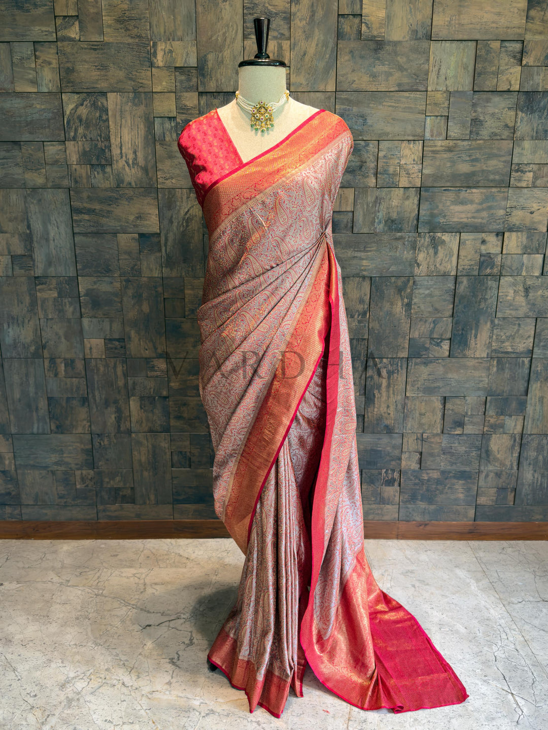 Grey-Red Tanchoi Satin Silk Saree with Zari Work