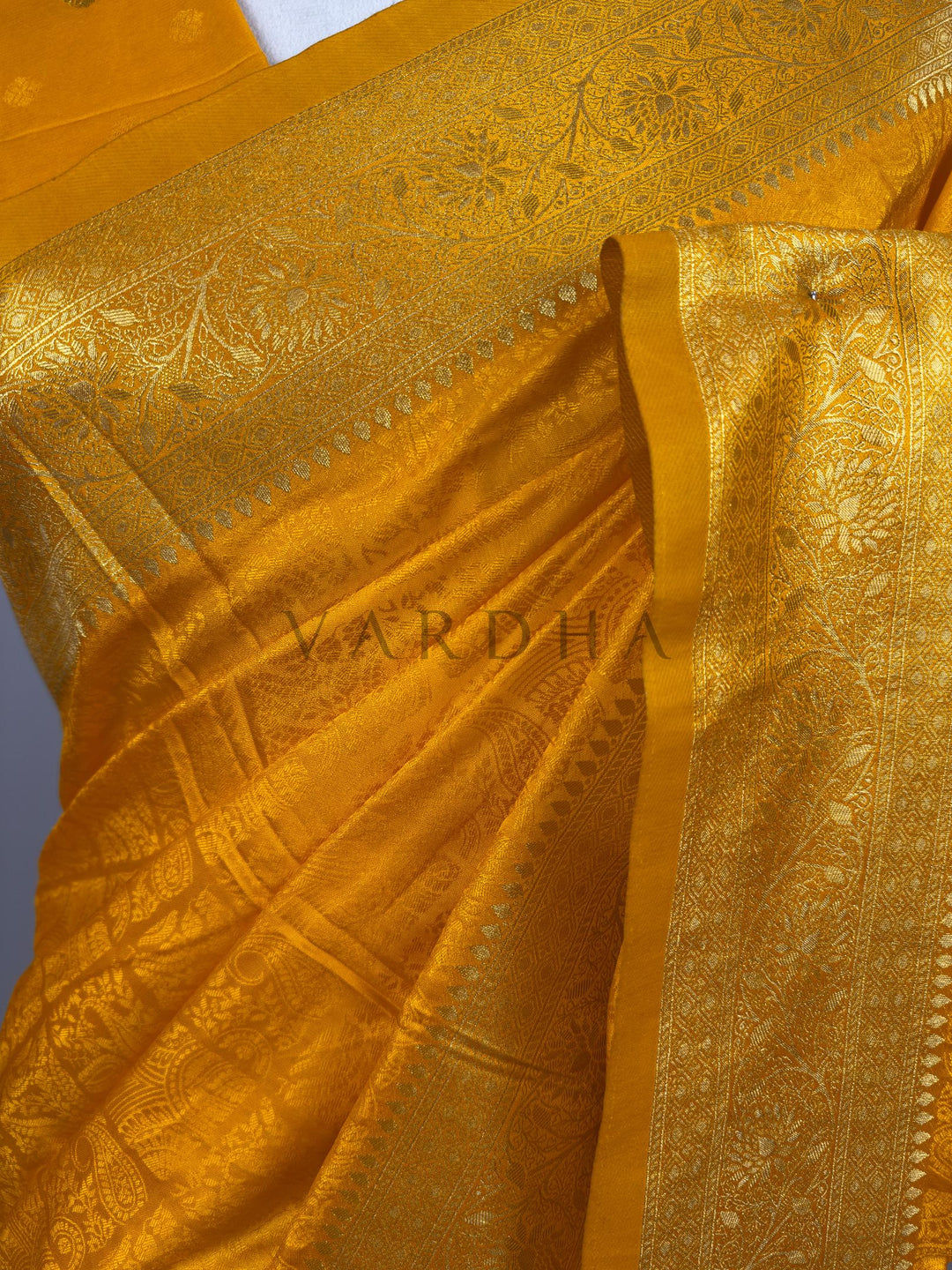 Mustard Yellow Banarasi Satin Silk Saree with Gold Zari