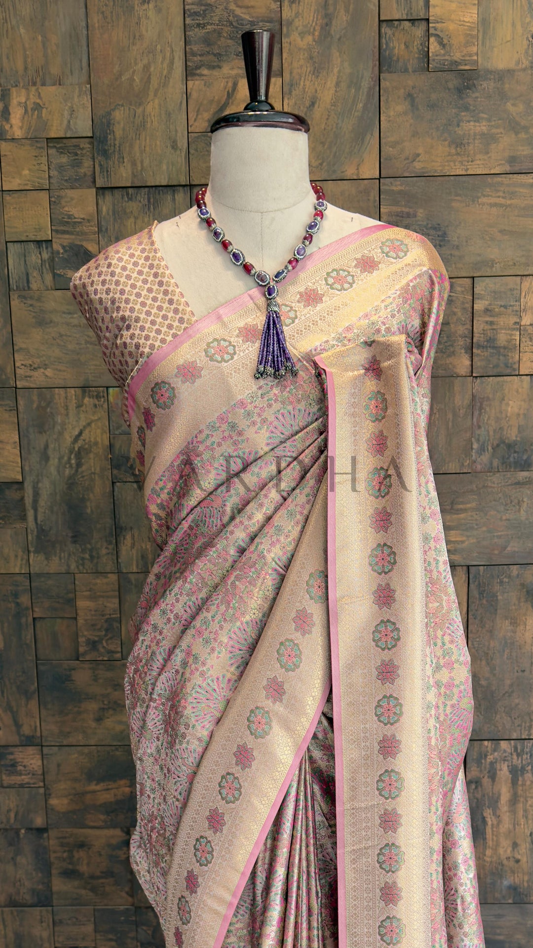 Off-White Kalamkari Art Silk Saree with Gold Zari