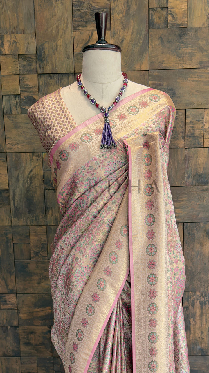 Off-White Kalamkari Art Silk Saree with Gold Zari