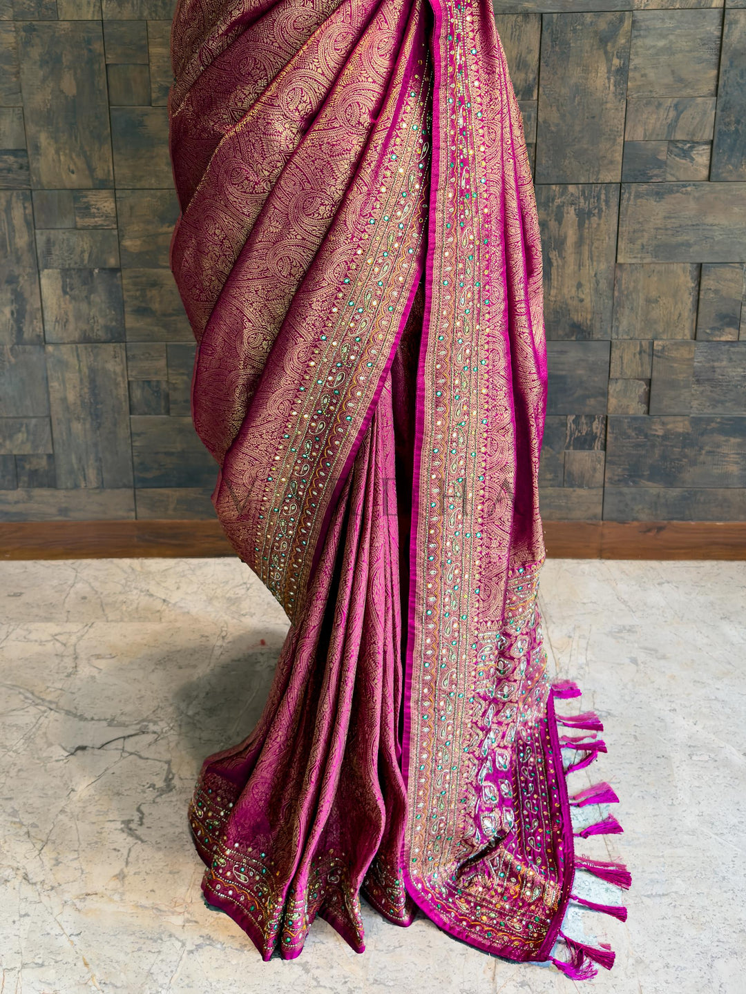 Designer Pink-Golden Kanjivaram Silk Saree with Zari Weaving &amp; Handwork