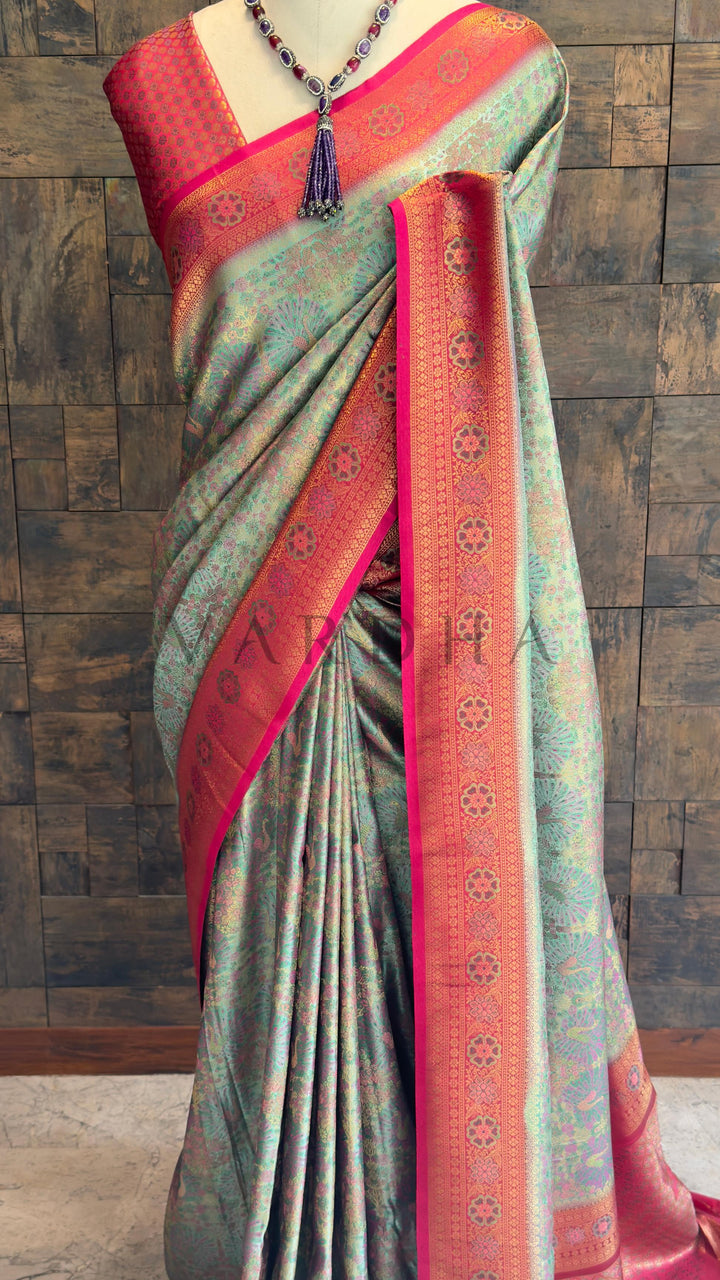 Sea Green–Pink Kalamkari Art Silk Saree with Gold Zari