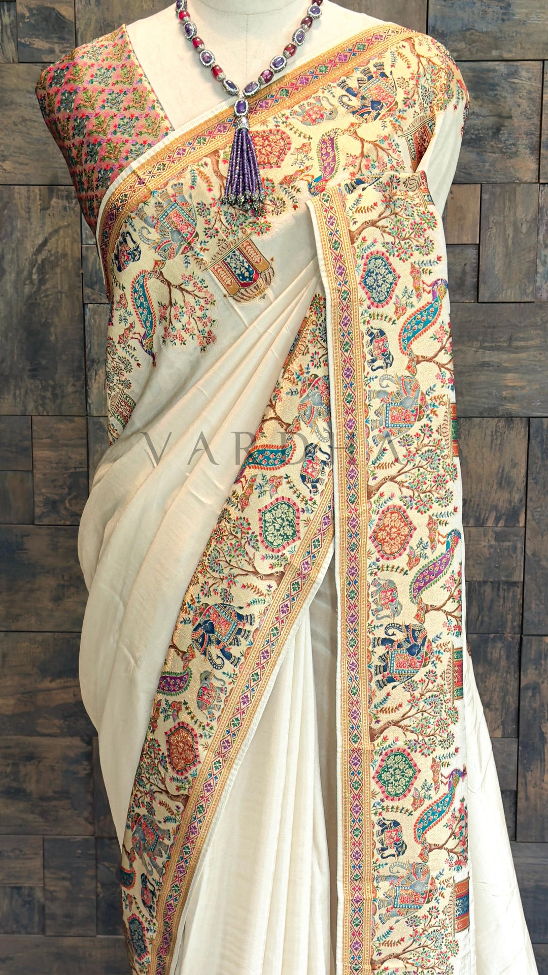 Off-White Viscose Katan Silk Saree with Zari Jungle Motifs