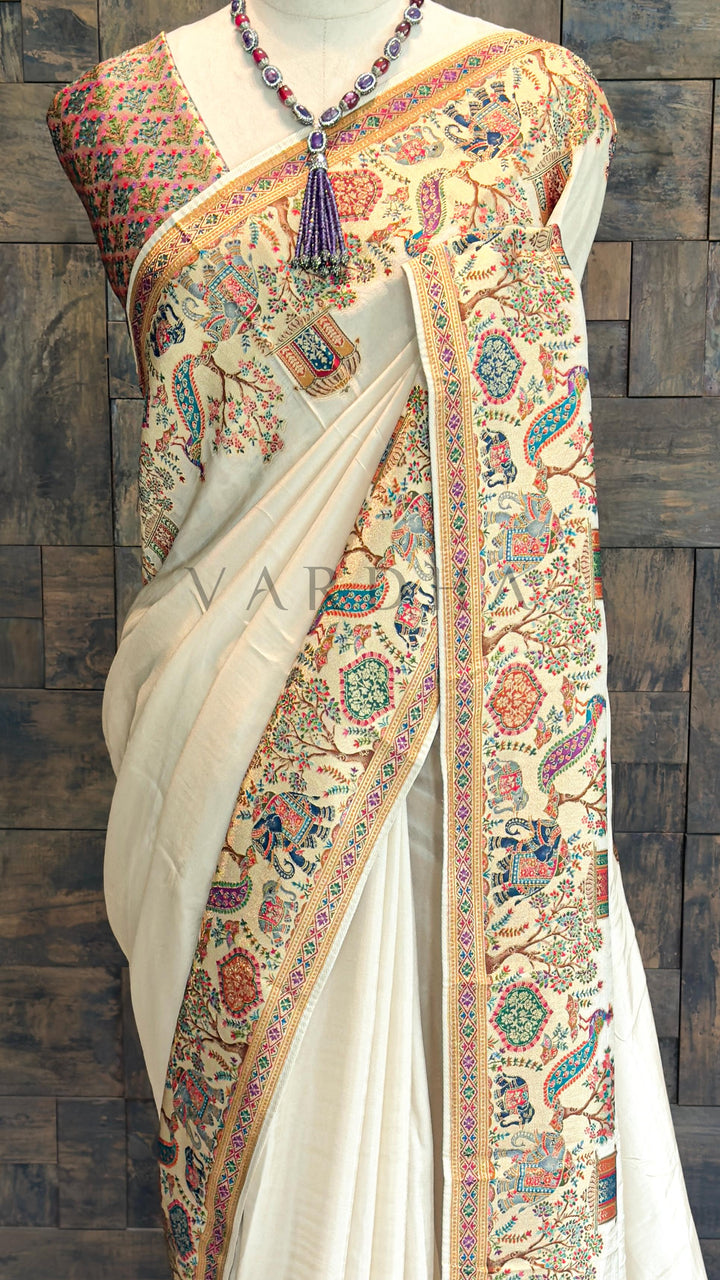 Off-White Viscose Katan Silk Saree with Zari Jungle Motifs
