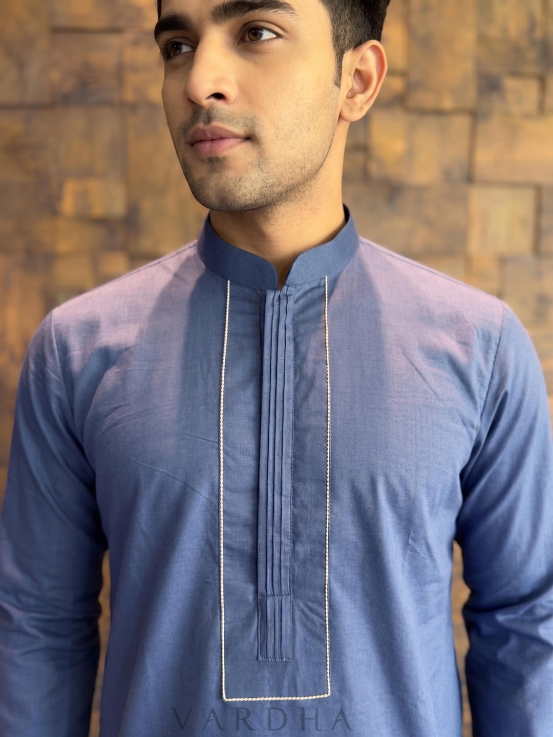 French Blue Cotton Kurta with Concealed Pintuck Placket