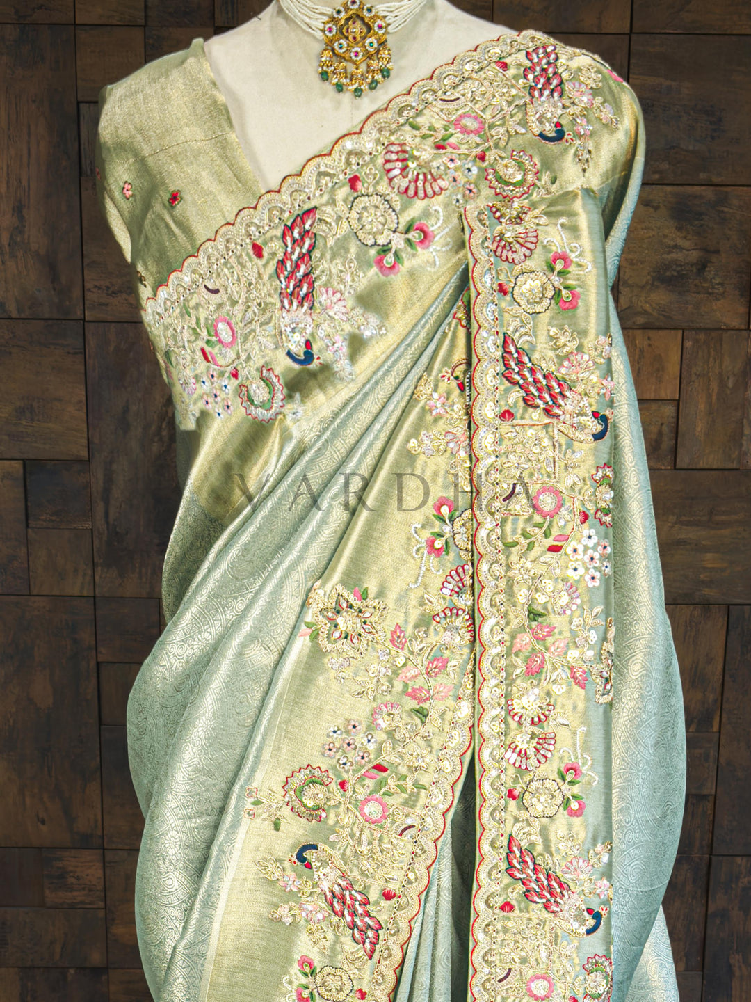 Firozi Saree Kanjivaram Tissue Silk Saree with Zari Weaving &amp; Hand Work