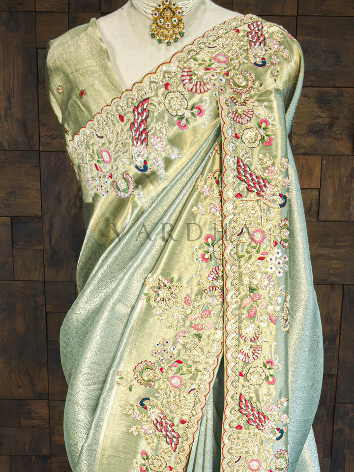 Firozi Saree Kanjivaram Tissue Silk Saree with Zari Weaving &amp; Hand Work