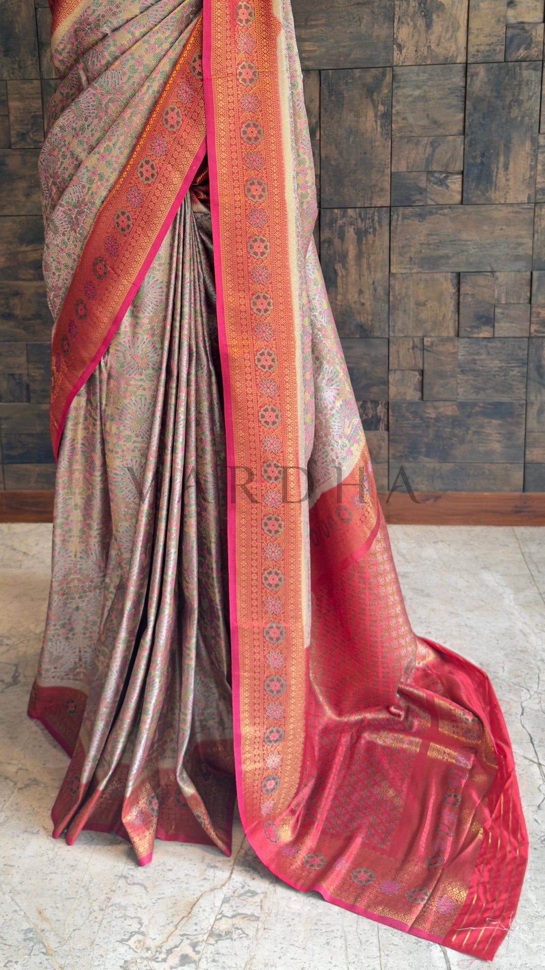 Cream–Pink Kalamkari Art Silk Saree with Gold Zari