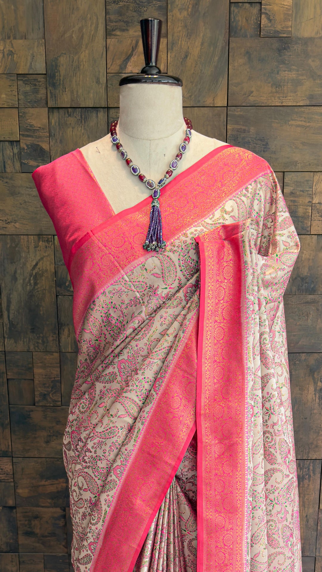 Cream Pink Woven Kalamkari Art Silk Traditional Saree with Zari Work
