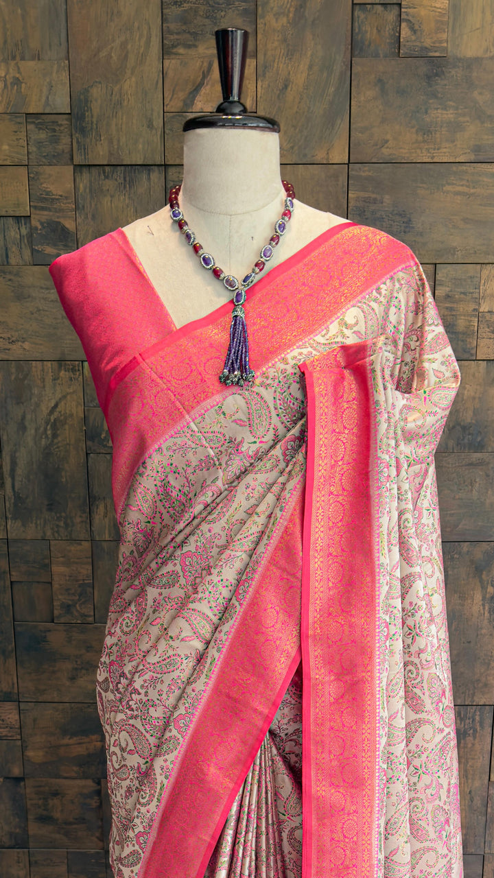 Cream Pink Woven Kalamkari Art Silk Traditional Saree with Zari Work