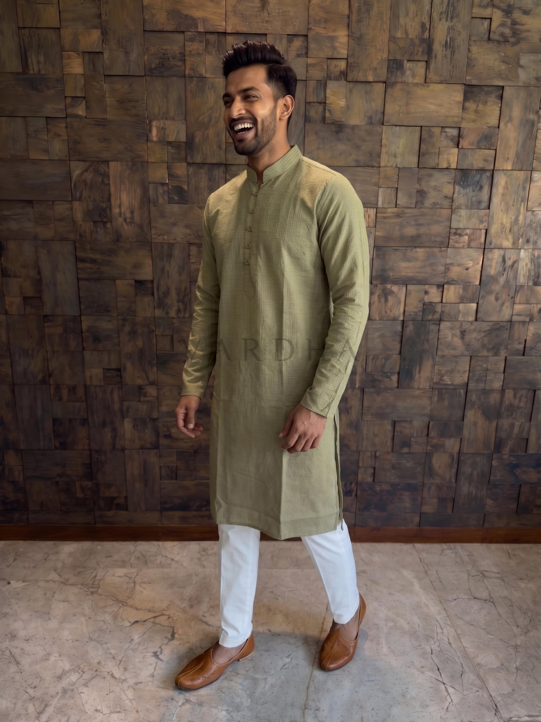 Olive Green Textured Cotton Kurta with Rustic Loop Placket