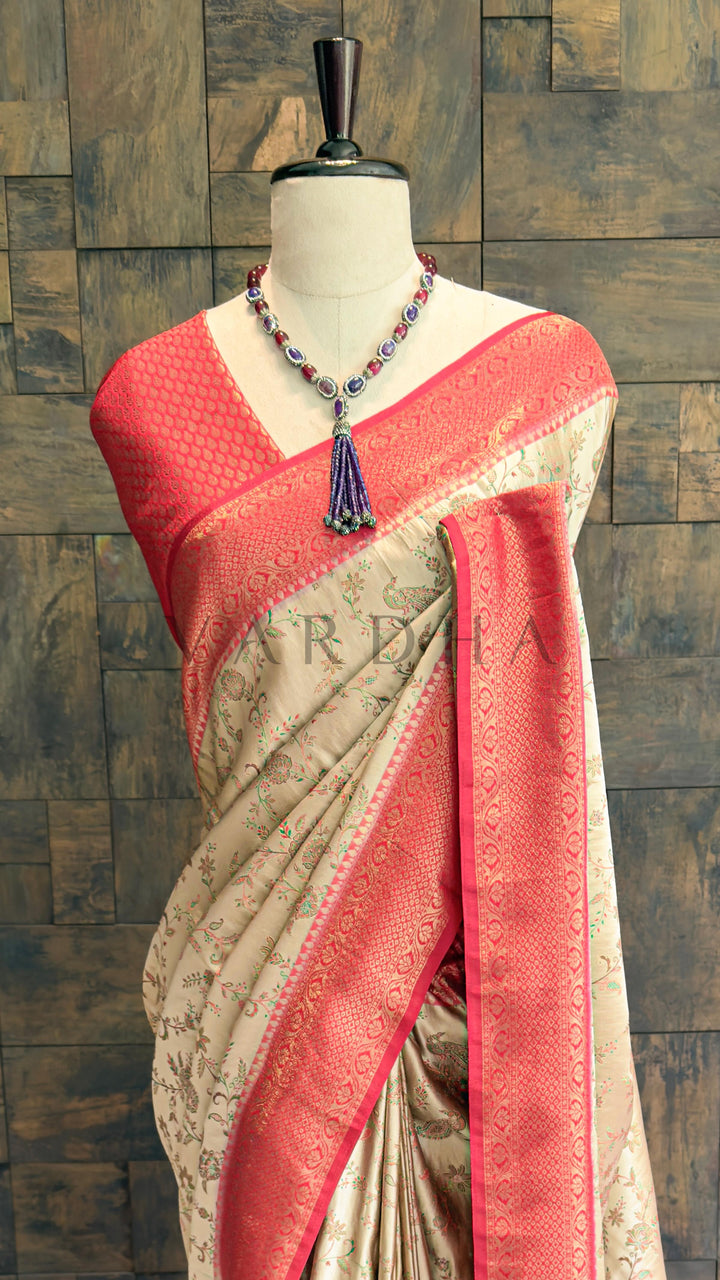 Cream Red Woven Kalamkari Art Silk Saree with Zari Work