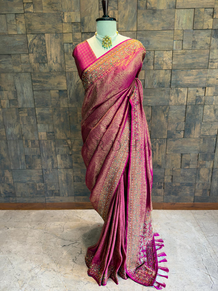 Designer Pink-Golden Kanjivaram Silk Saree with Zari Weaving &amp; Handwork