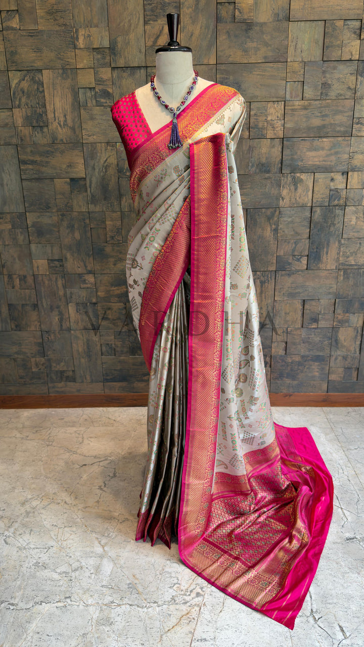 Cream Wine Woven Kalamkari Art Silk Saree with Zari Work
