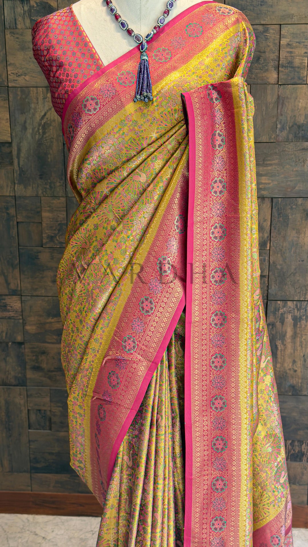 Mustard-Pink Kalamkari Art Silk Saree with Gold Zari