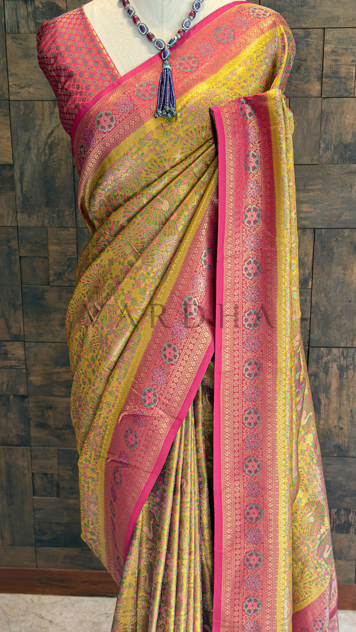 Mustard-Pink Kalamkari Art Silk Saree with Gold Zari
