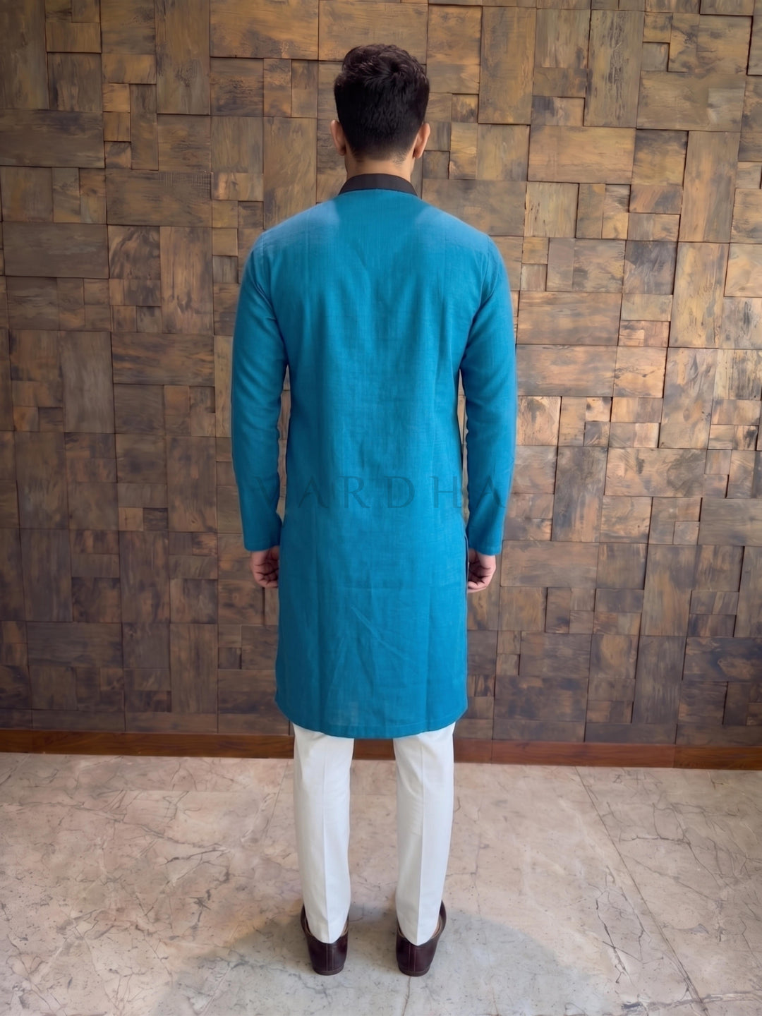 Teal Blue Cotton Kurta with Contrast Collar &amp; Concealed Placket