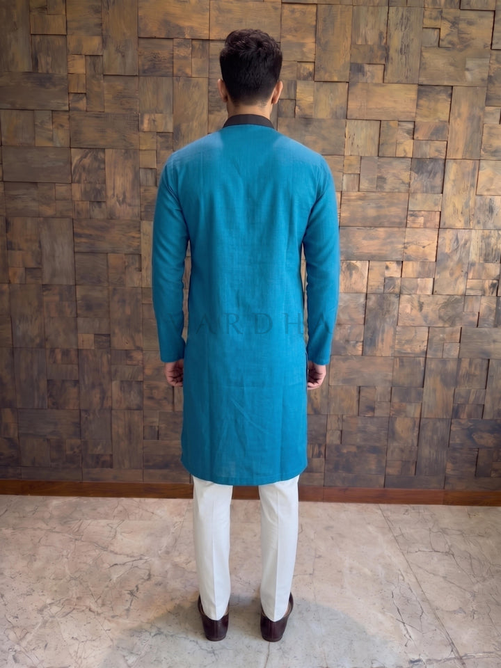 Teal Blue Cotton Kurta with Contrast Collar &amp; Concealed Placket