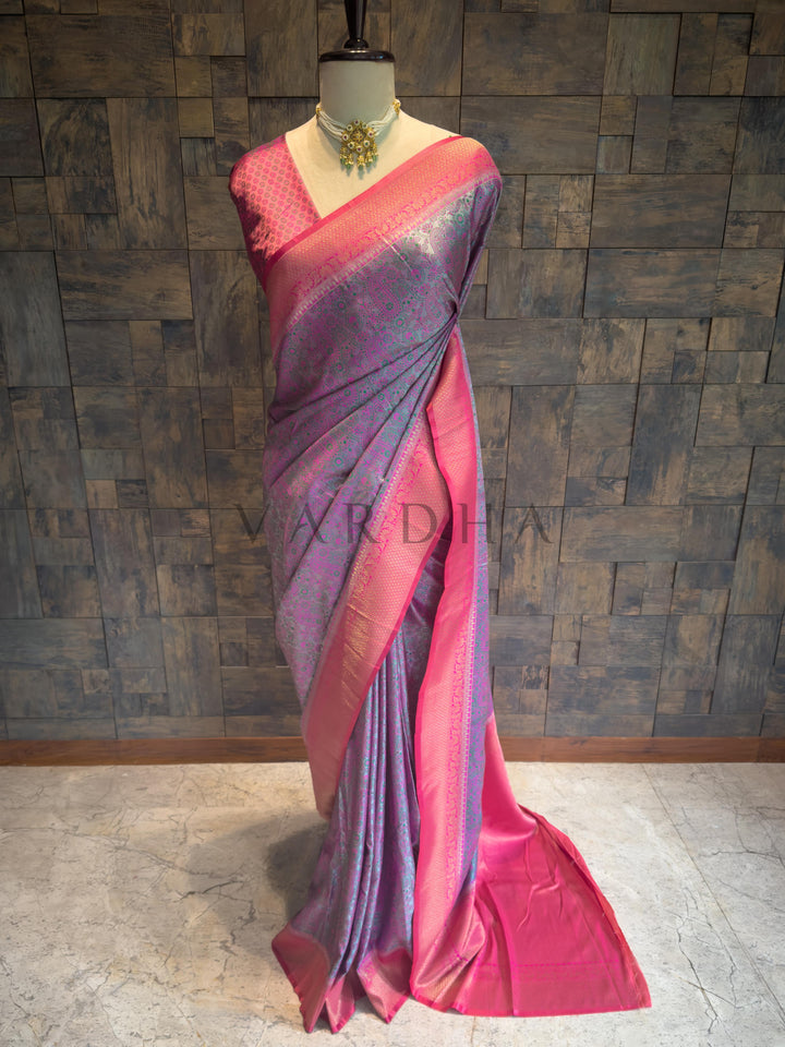 Grey-Pink Tanchoi Satin Silk Saree with Zari Border