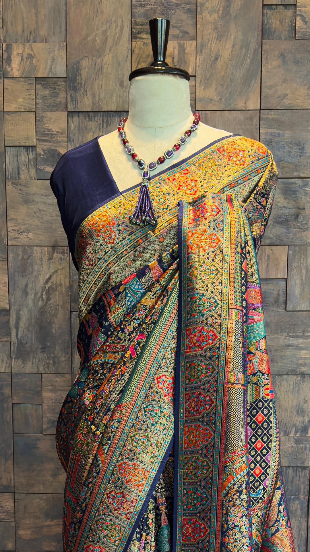 Navy Blue Banarasi Katan Silk Saree | Darbari Style with Traditional Kalamkari Zari Work