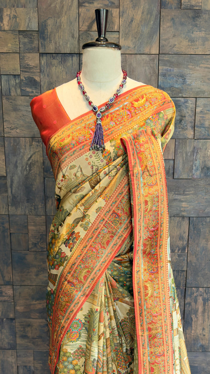 Off-White Mughal Motif Banarasi Katan Silk Saree with Red Tissue Blouse