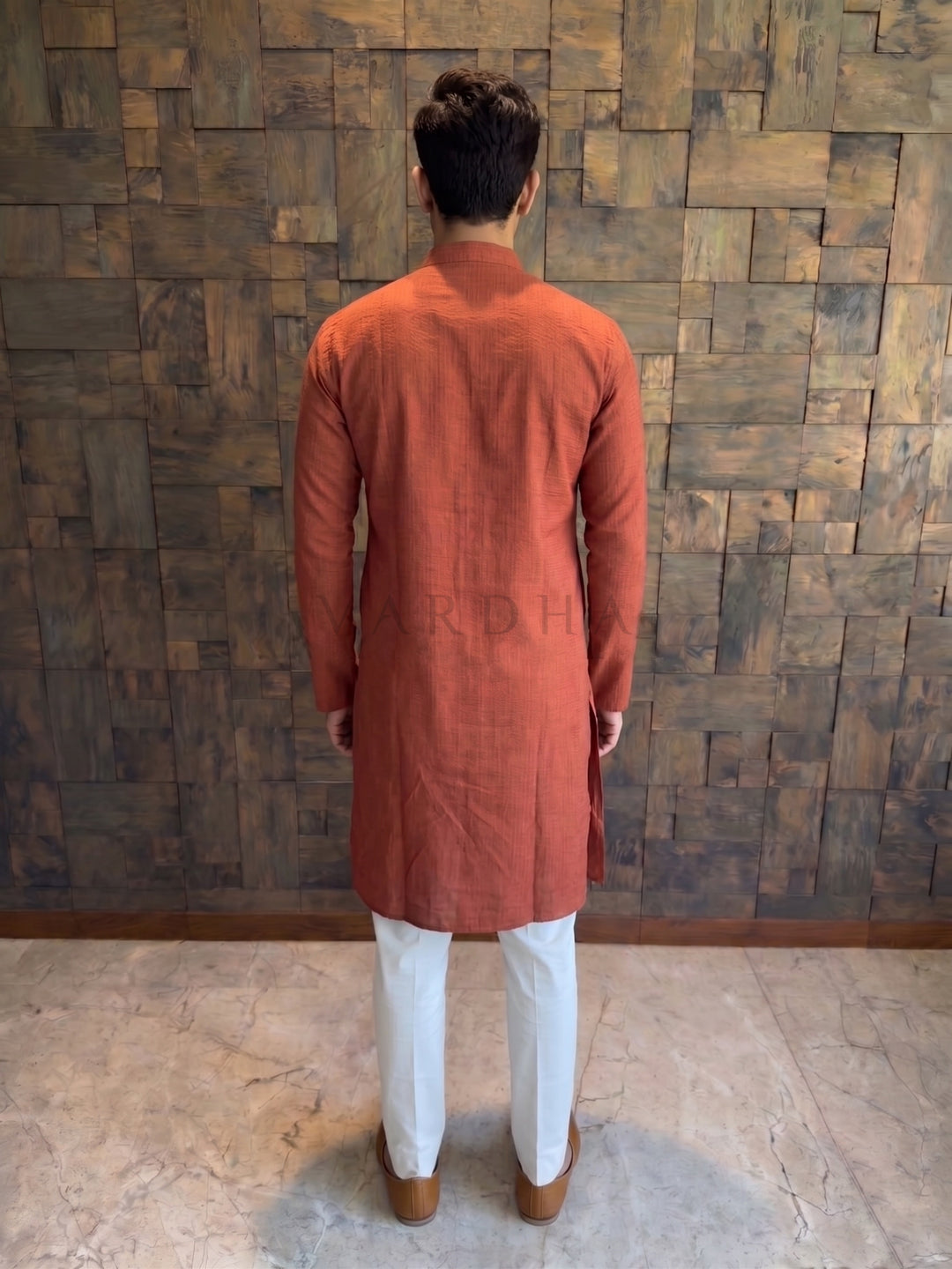 Terracotta Orange Textured Cotton Kurta with Rustic Loop Placket