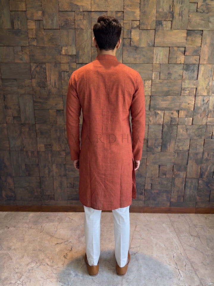 Terracotta Orange Textured Cotton Kurta with Rustic Loop Placket