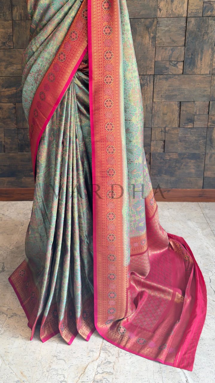 Sea Green–Pink Kalamkari Art Silk Saree with Gold Zari