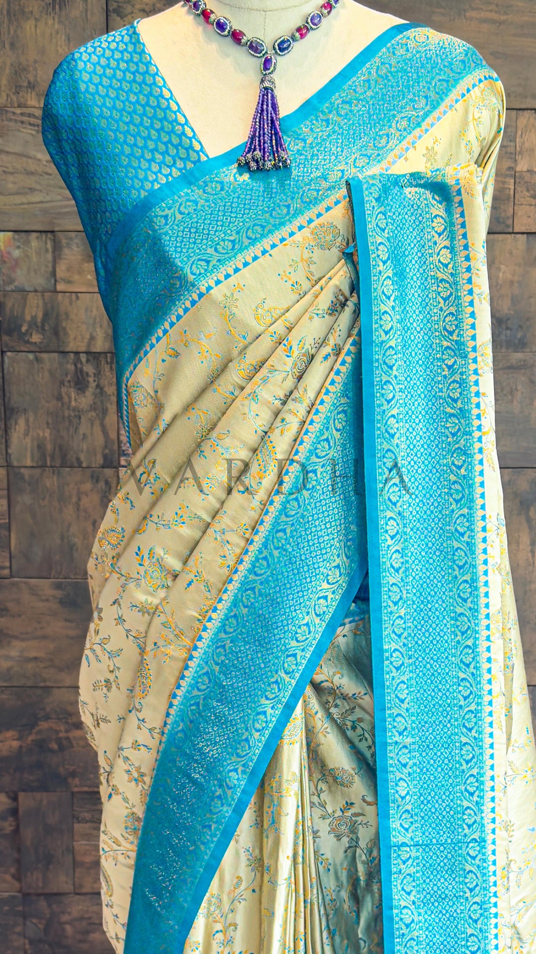 Rama Blue-Cream Woven Kalamkari Art Silk Saree with Zari Work
