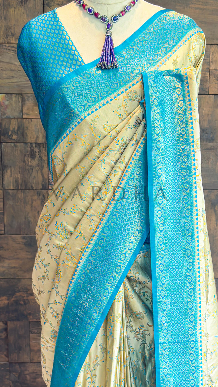 Rama Blue-Cream Woven Kalamkari Art Silk Saree with Zari Work