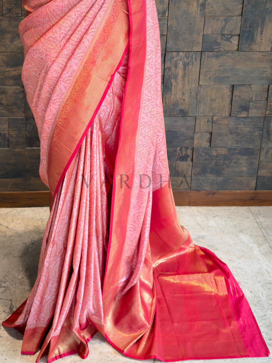 Peach-Pink Tanchoi Satin Silk Saree with Zari Work