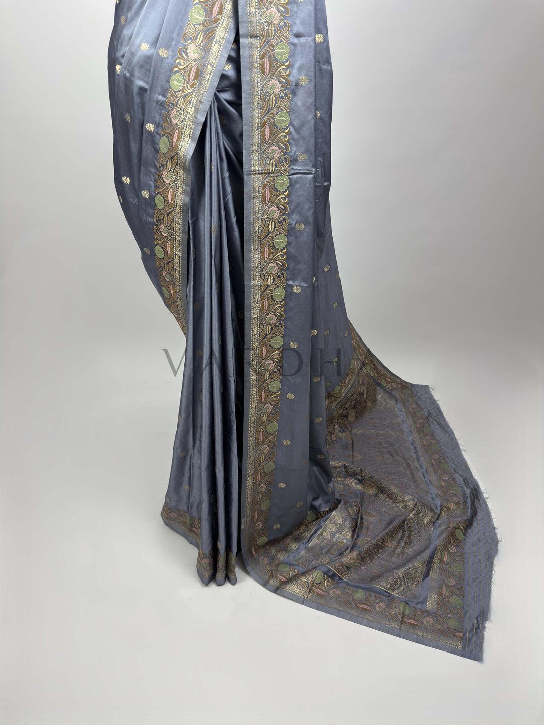 Grey Traditional Jamawar Satin Saree for Weddings &amp; Celebrations