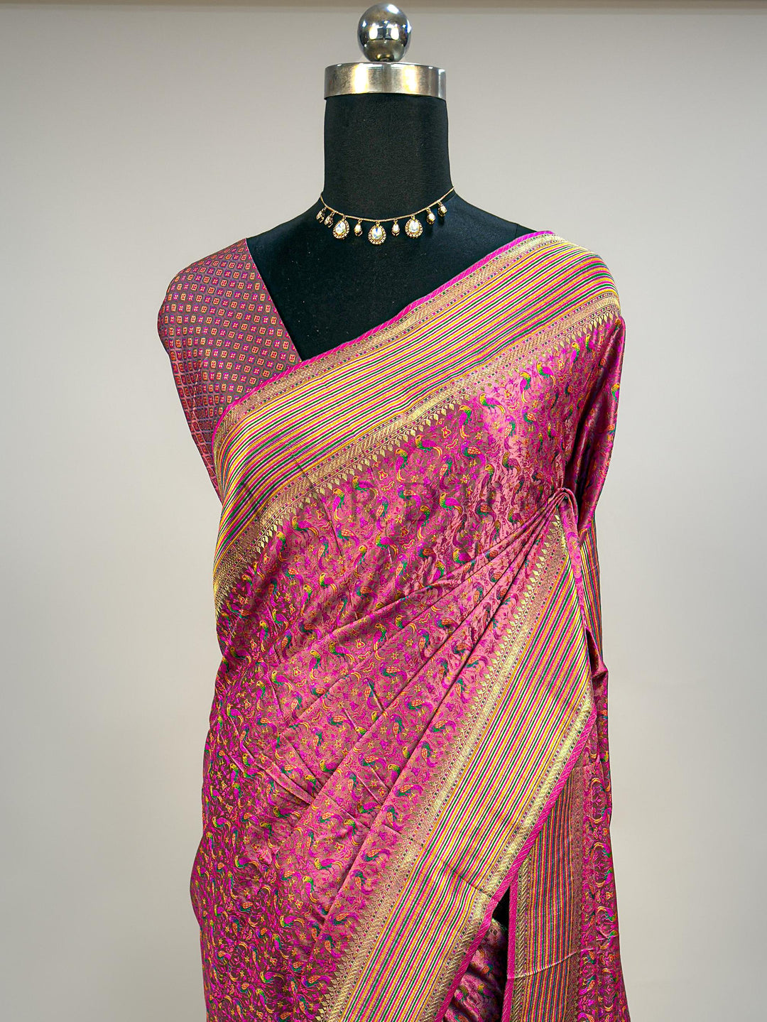 Pink Tanchoi Satin Silk Saree with Multicolor Parrot Motifs &amp; Golden Zari Striped Border
