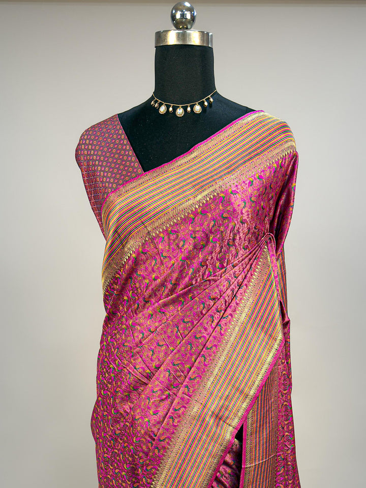Pink Tanchoi Satin Silk Saree with Multicolor Parrot Motifs &amp; Golden Zari Striped Border