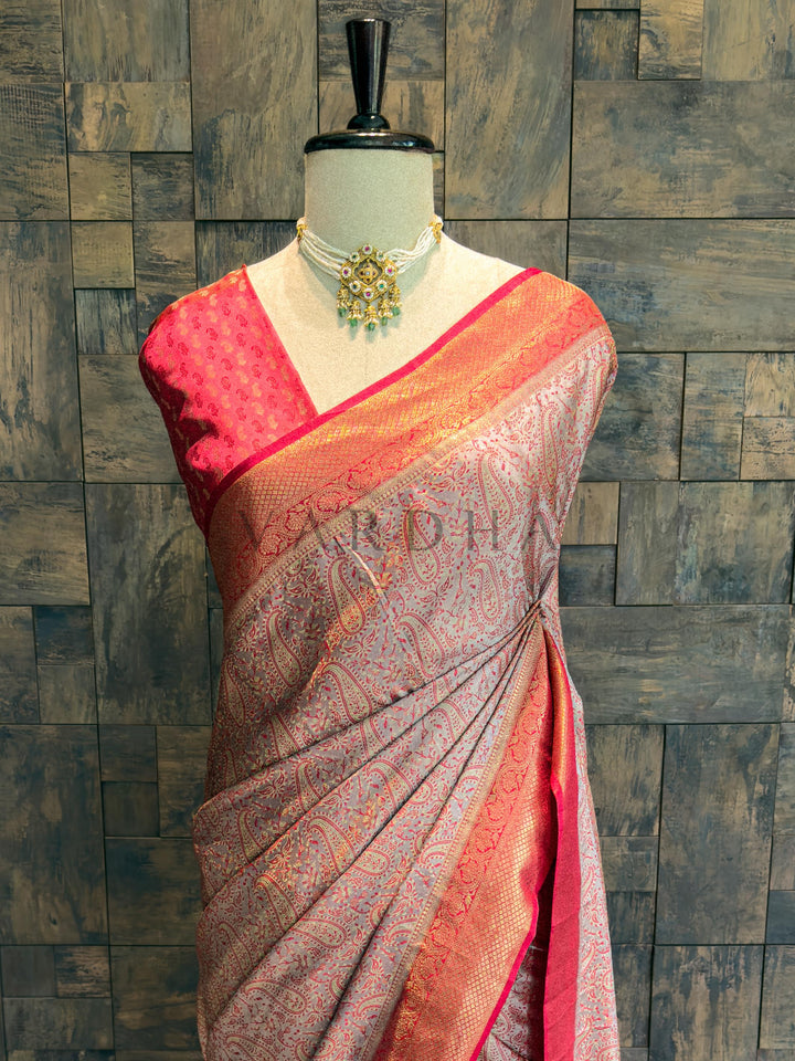 Grey-Red Tanchoi Satin Silk Saree with Zari Work