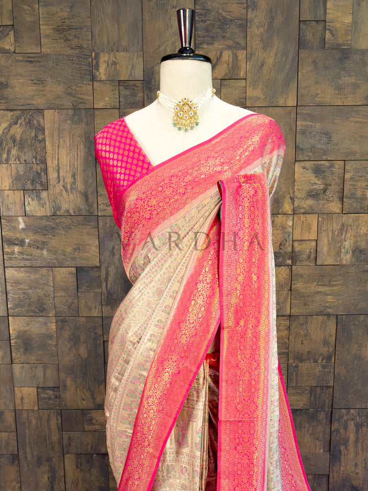 Cream Pink Woven Kalamkari Art Silk Saree with Zari Work