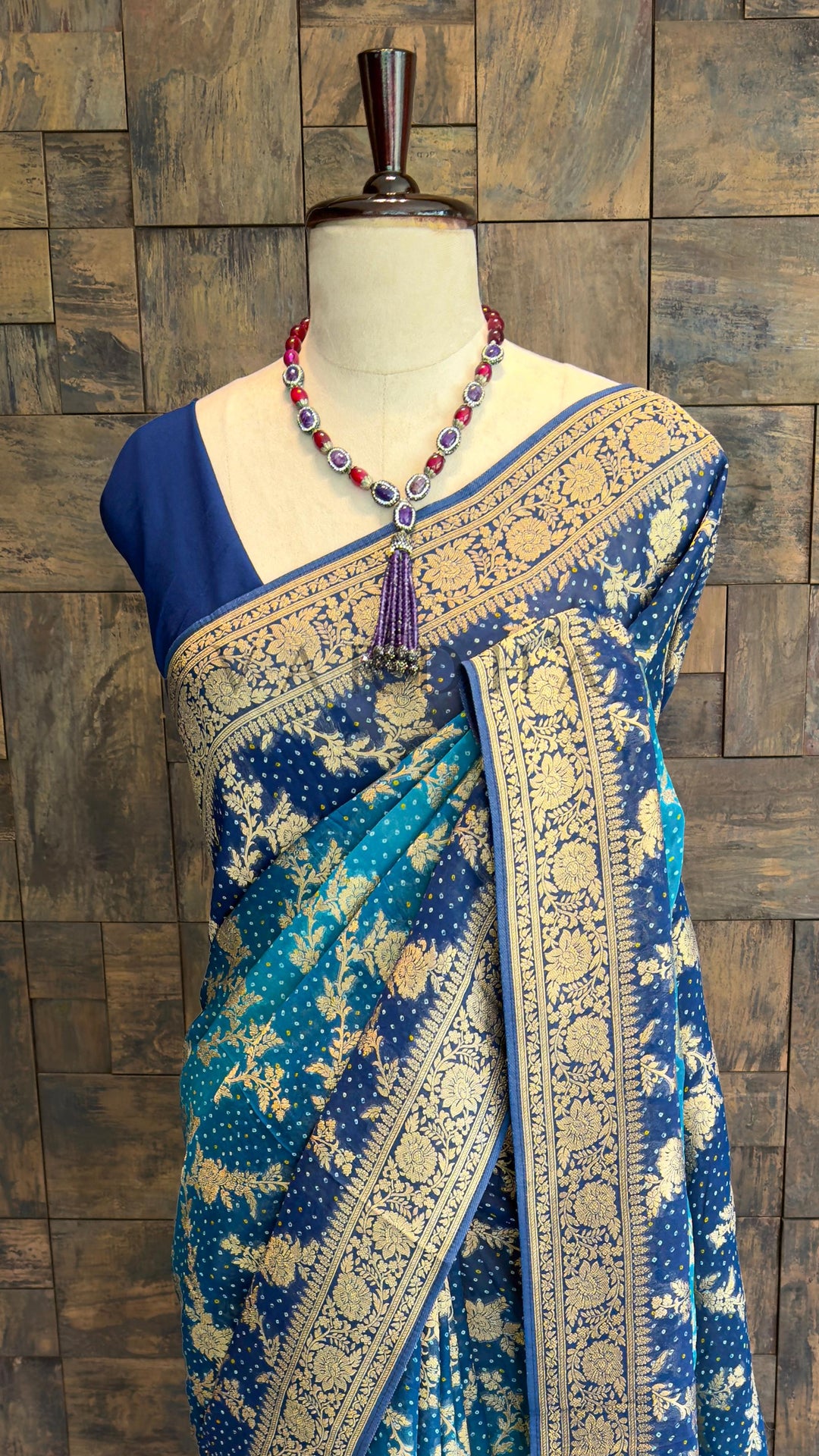 Blue Bandhani Feathersoft Georgette Saree with Gold Zari Weaving