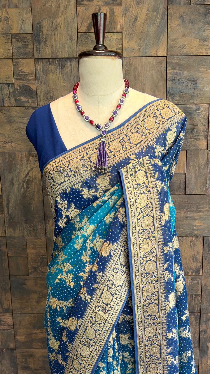 Blue Bandhani Feathersoft Georgette Saree with Gold Zari Weaving
