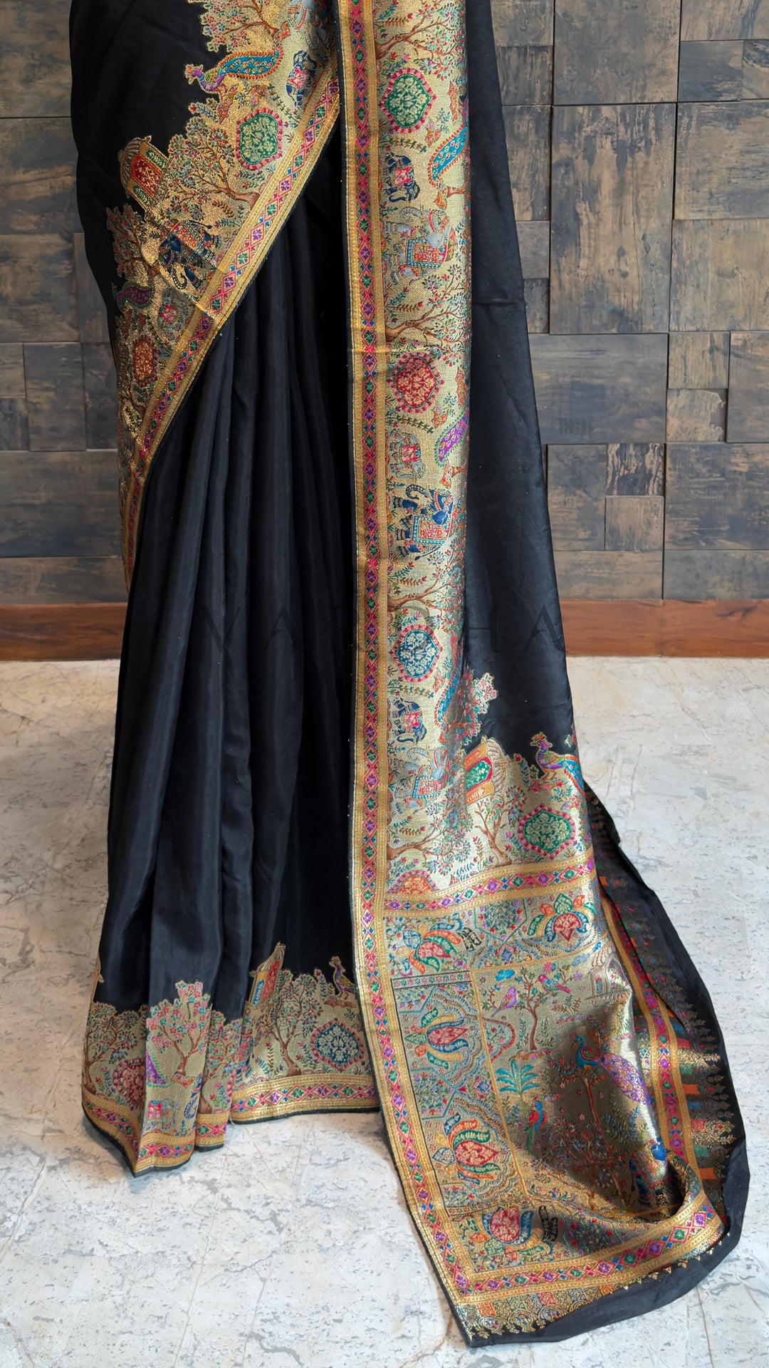 Black Viscose Katan Silk Saree with Zari Jungle Motifs