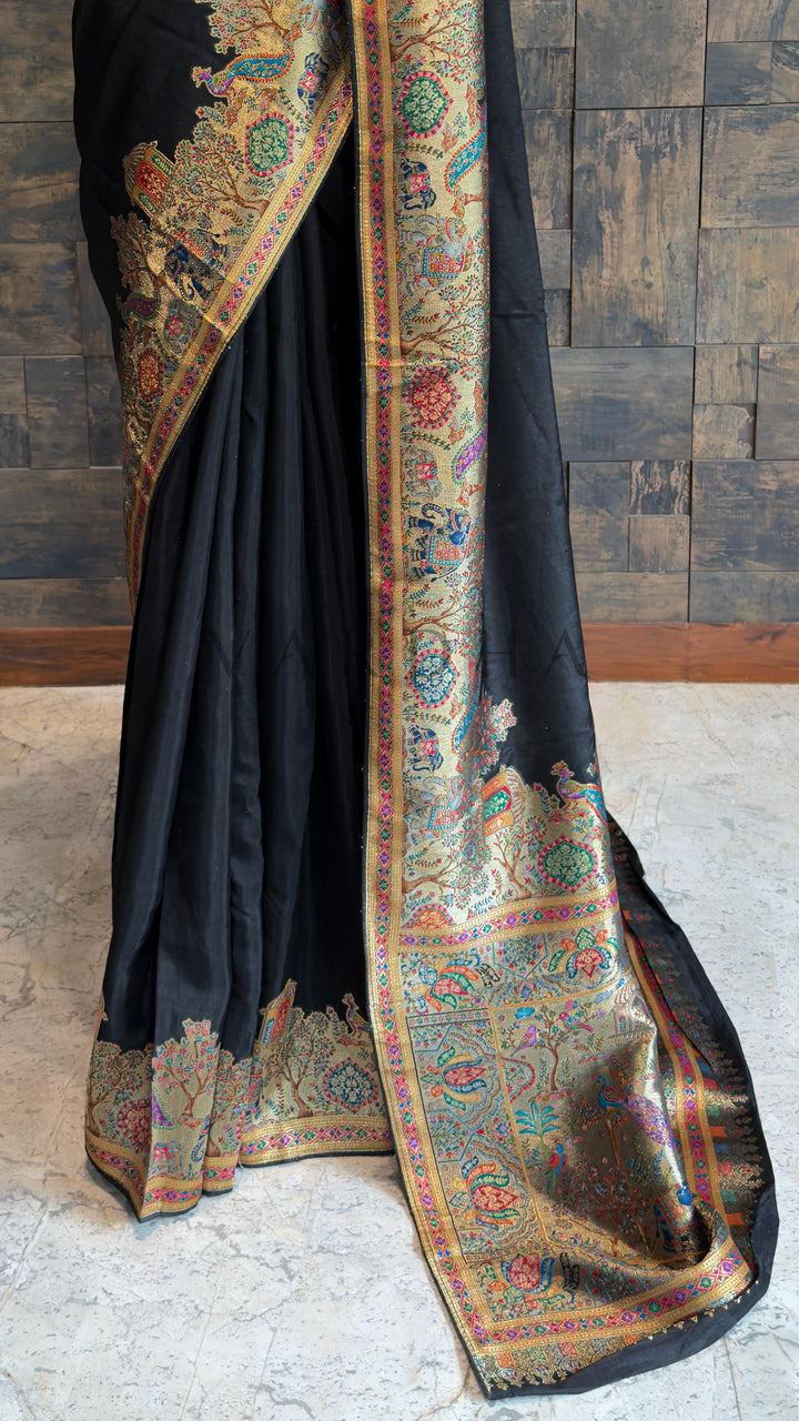 Black Viscose Katan Silk Saree with Zari Jungle Motifs