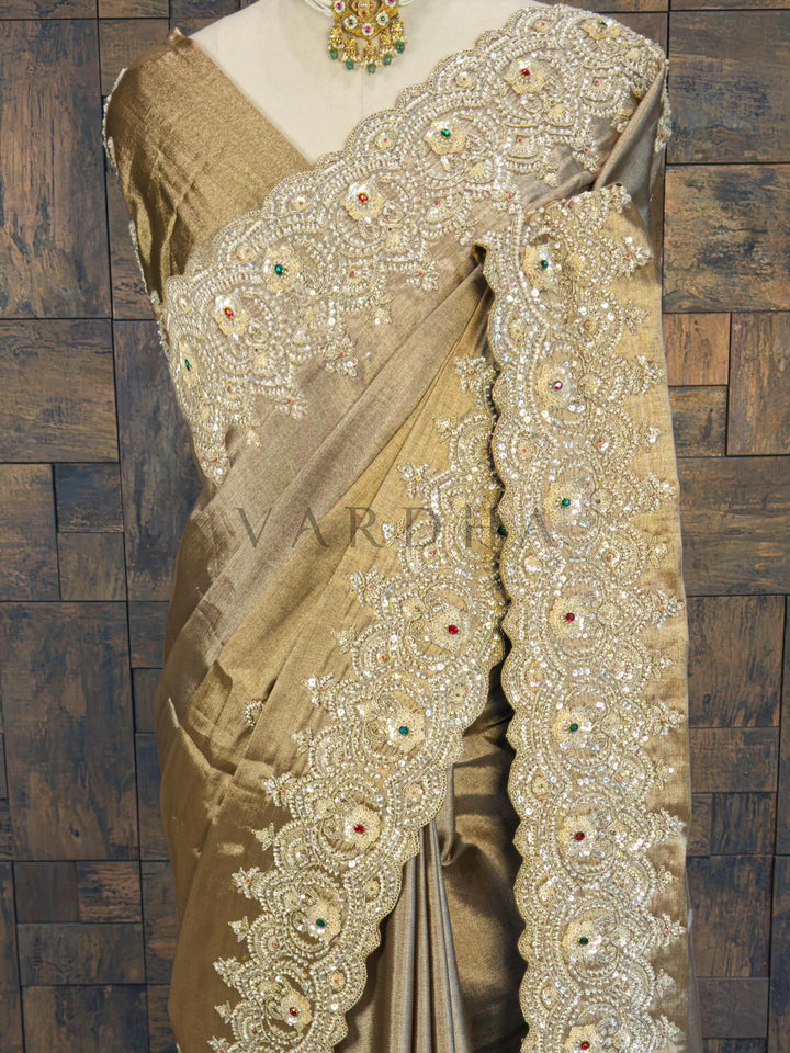 Gold Kanjivaram Tissue Silk Saree with Zari Weaving &amp; Hand Zardozi Work