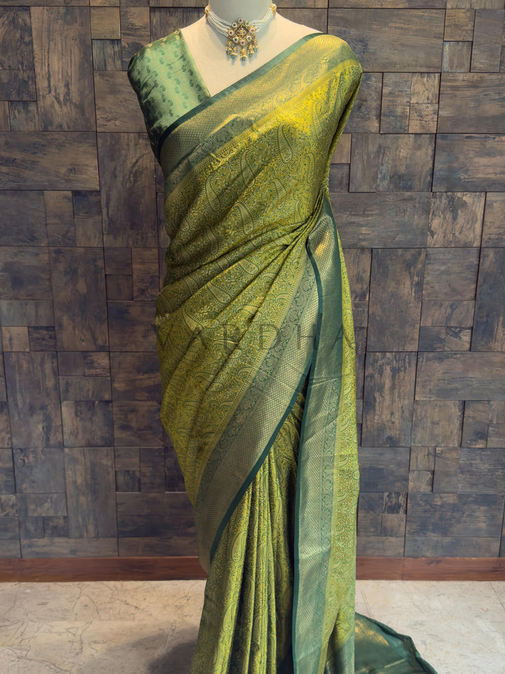 Lime Green Tanchoi Satin Silk Saree with Zari Work