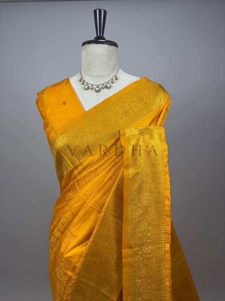 Mustard Yellow Banarasi Satin Silk Saree with Gold Zari