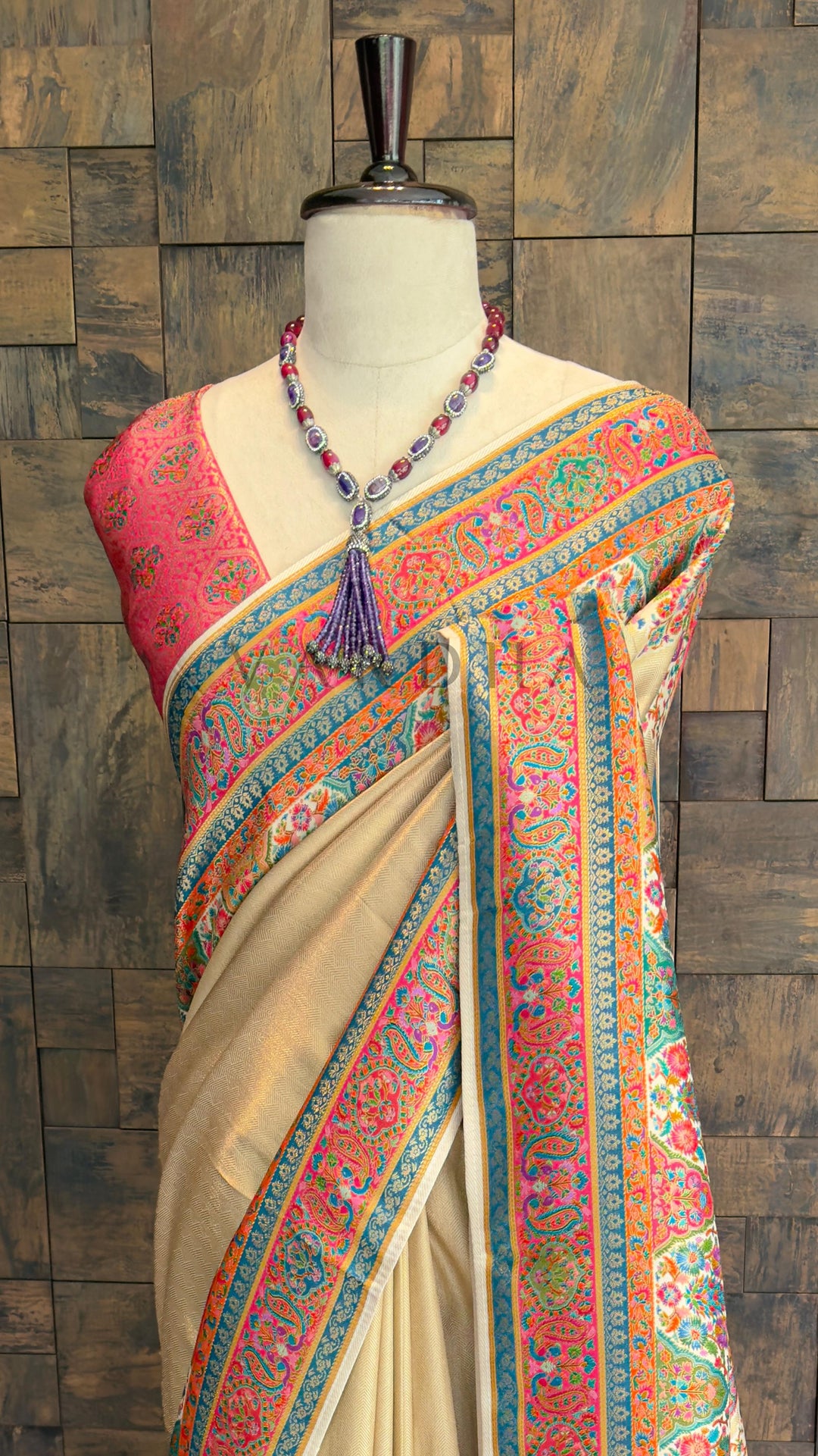 Cream Banarasi Katan Silk Saree with Zari Peacock Motifs and Paisley Pallu