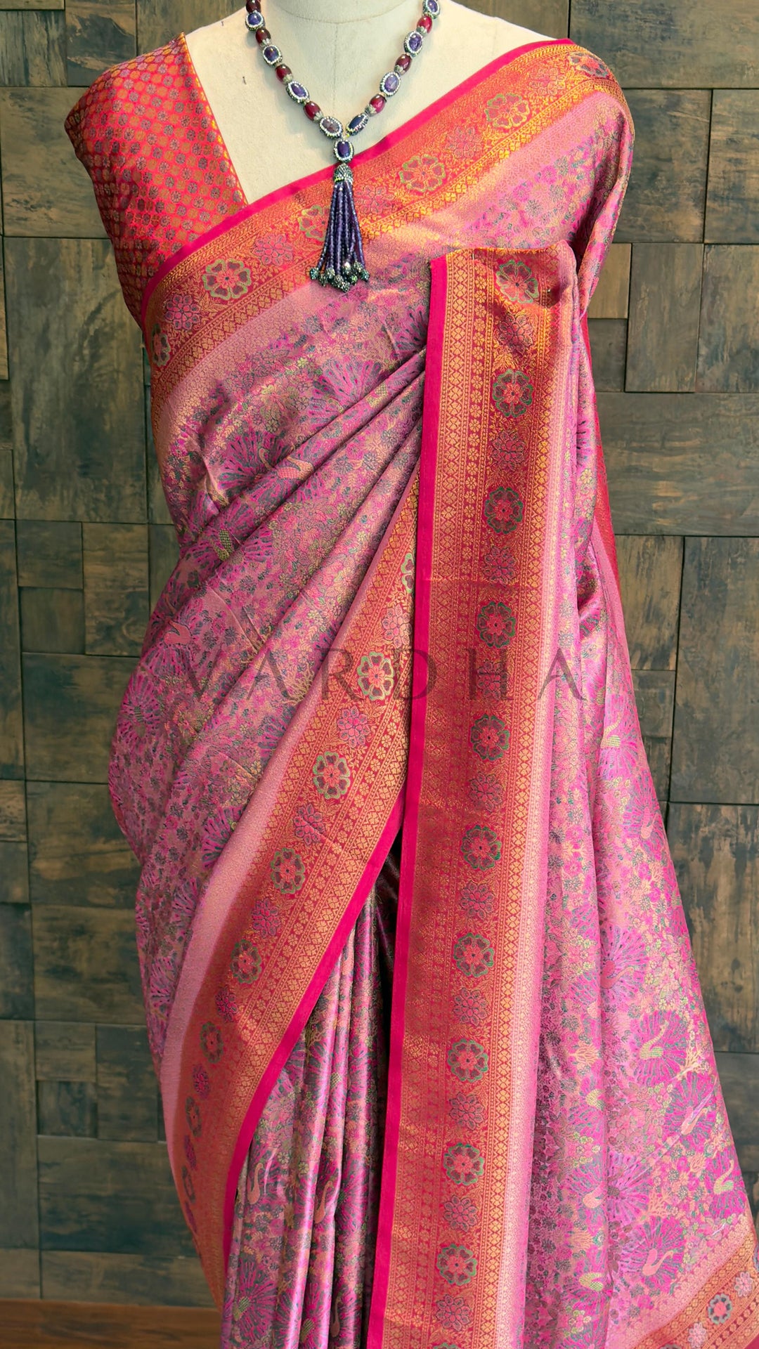 Pink Kalamkari Art Silk Saree with Gold Zari